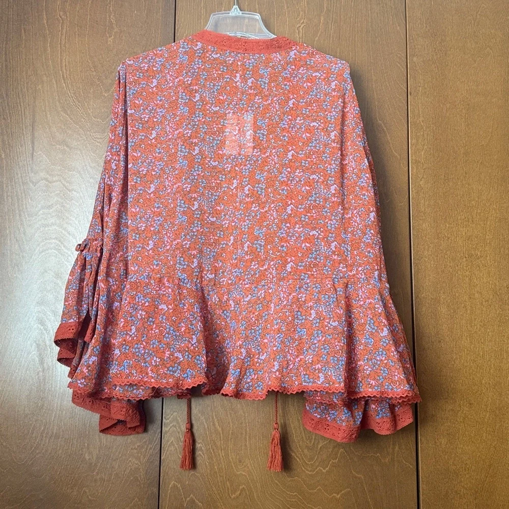 Free People Lola Wild Red Kimono Tassel Tie  Sz Small Relaxed Fit NWT Ret $98